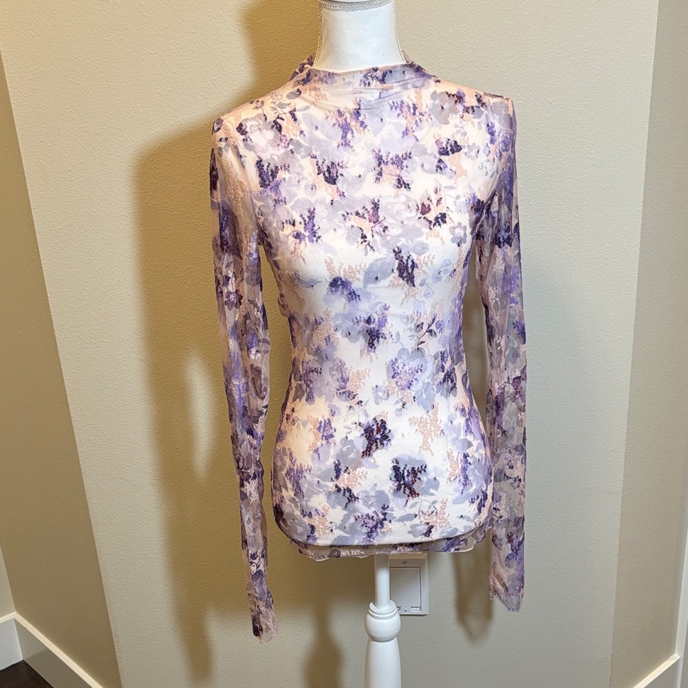 Free People Lavender & Cream Floral Mesh Long Sleeve Top